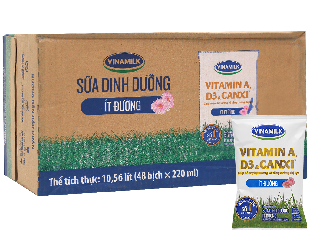 Sữa tươi Vinamilk ít đường bịch 220 ml ( 1 Thùng / 48 bịch )